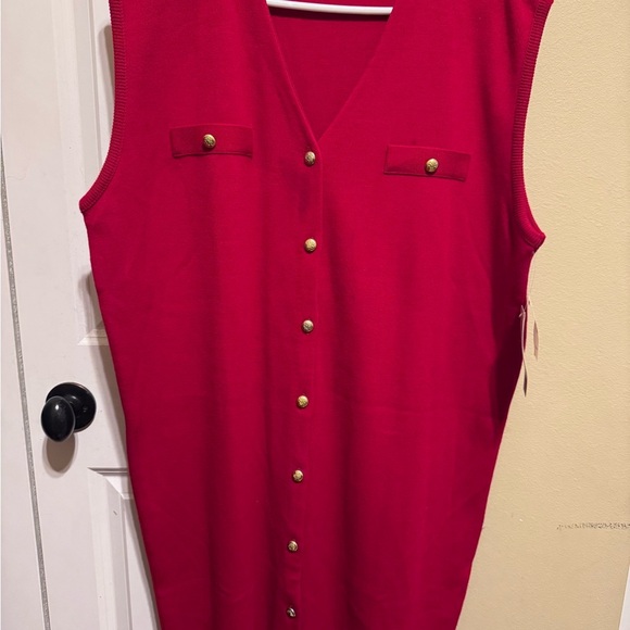 Karen Lessly Vintage Red Sleeveless V-Neck Gold Buttons Sweater Dress Plus Sz 2X - Picture 3 of 14